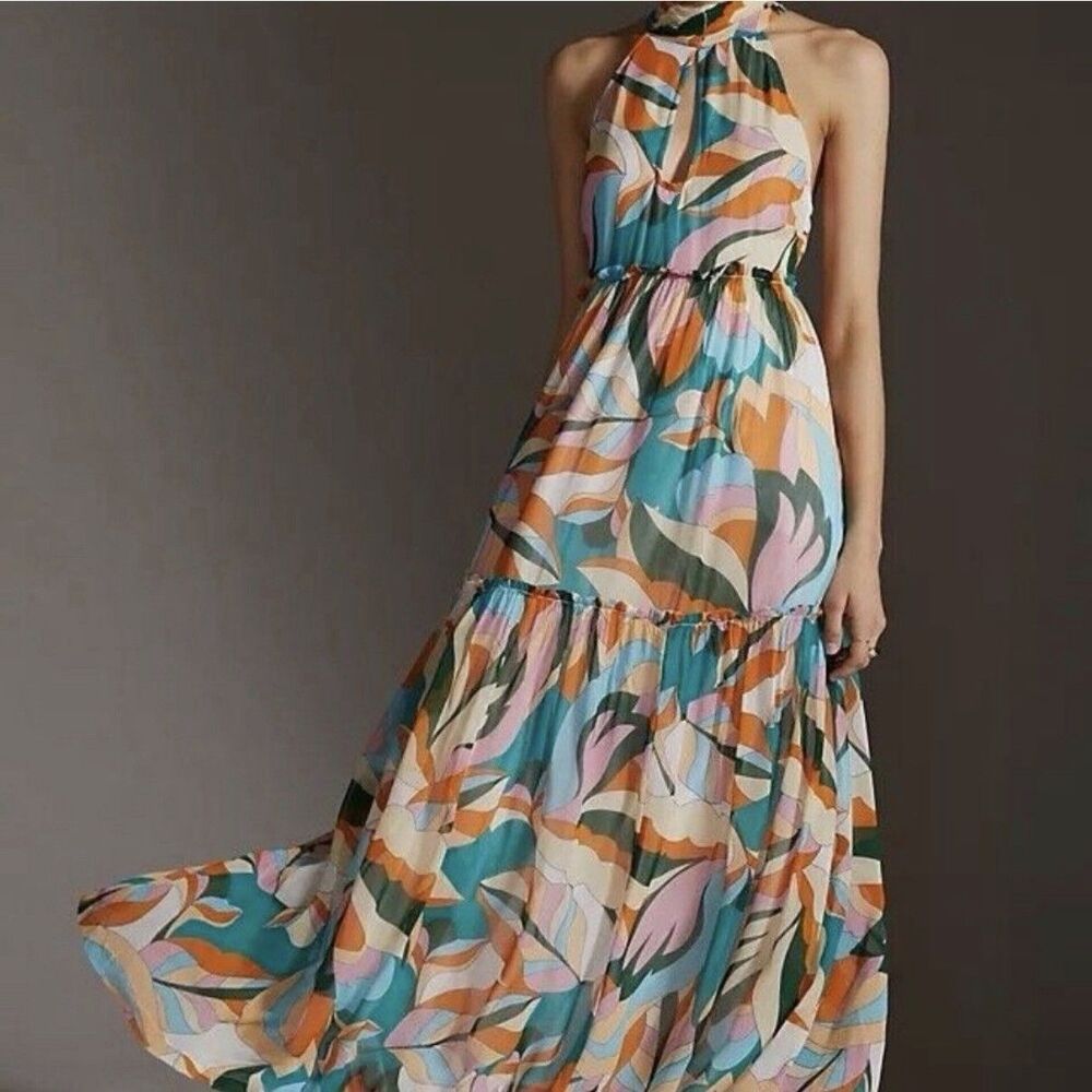 Anthropologie Maeve Keyhole Halter Tiered Blue Floral Abstract Maxi Dress XL